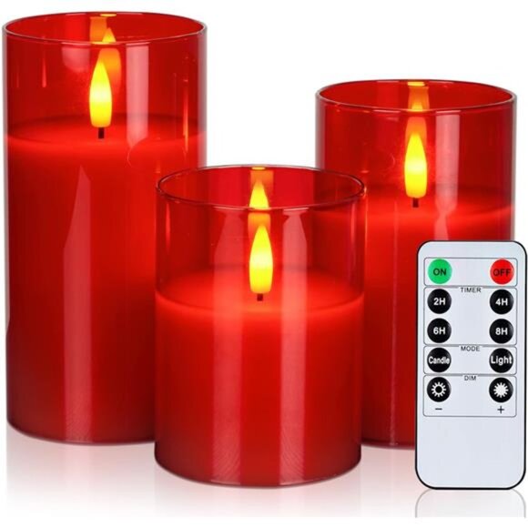 Red Glass Flameless Candles Battery Operated with Timer, Remote Control, LED - Picture 7 of 12